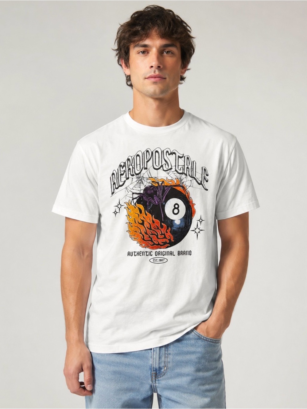 Aeropostale White Tee with Flaming 8-Ball and Reptile Graphic